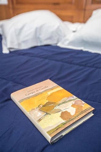 Detalles de una fotografia del llibro campos de castilla sobre una cama del Hostal Vitorina